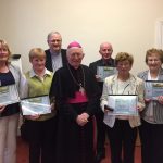 DONEGAL: At the presentation of certificates for the Cosáin Cholmcille Course: Exploring Faith and Ministry by Bishop Philip Boyce OCD are: (front) Máire Ní Bhroinn, Gort a’Choirce; Mary Theresa Lawne, Killymard; Bishop Boyce; Anne Gillespie, Killymard; Mary Gallagher, Stranorlar. Back Row: Fr Cathal Ó Fearraí, course director, and Martin McCann, Culdaff.