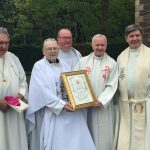 TYRONE: Canon Patrick Marron being presented with a papal blessing to mark his Golden Jubilee (60 years) at Mass in St Lawrence's Church, Fintona with Bishop Liam MacDaid, Bishop Emeritus, Clogher; Fr Jim Moore PP, Fintona; Fr Jimmy McPhillips PP, Derrygonnelly; Msgr Joseph McGuinness, Diocesan Administrator, Clogher.