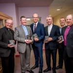 DERRY: Bishop Donal McKeown, Bishop of Derry; Archdeacon Robert Miller, Church of Ireland; Minister Simon Coveney, Minister for Foreign Aff airs and Trade; Fr Paul Farren, Adm. St Eugene’s Cathedral, Derry; Tony Macauly, author and presenter, Bishop Ken Good, CofI Bishop of Derry & Raphoe at the launch of Forgiveness Remembers; A Journey into the Heart of God by Paul Farren and Robert Miller. Photo: Stephen Latimer