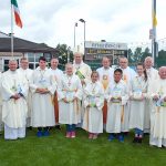 CLARE: Priests and altar servers with Bishop Fintan  Monahan at  the Golden  Jubilee Mass of Shannon Parish. Photo: Sheamus  O’Donoghue