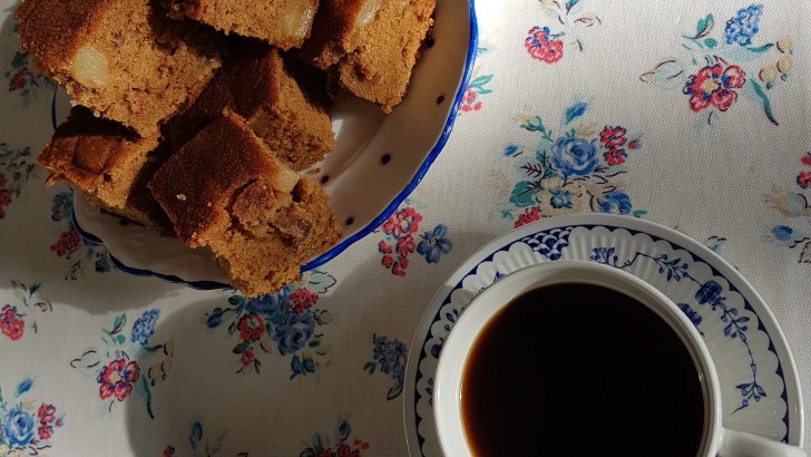 Coffee, cardamom, pear and walnut cake