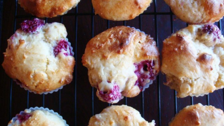 Delicious white chocolate and raspberry muffins